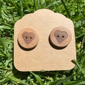 Heart Button Stud Earrings - Wood